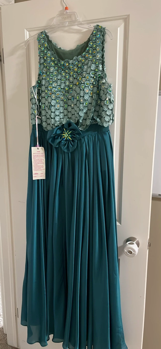 Teal Sequin Embellished Maxi Dress with Flower Detail