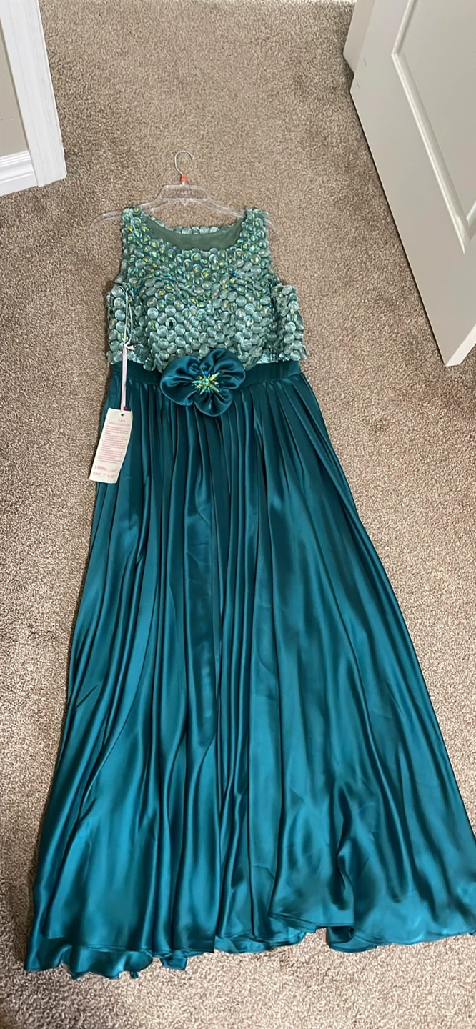 Teal Sequin Embellished Maxi Dress with Flower Detail - photo 2
