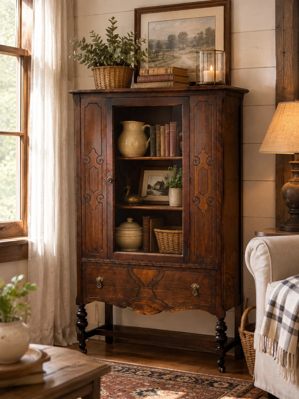 Antique/vinyage Wood Display Cabinet with Glass Door