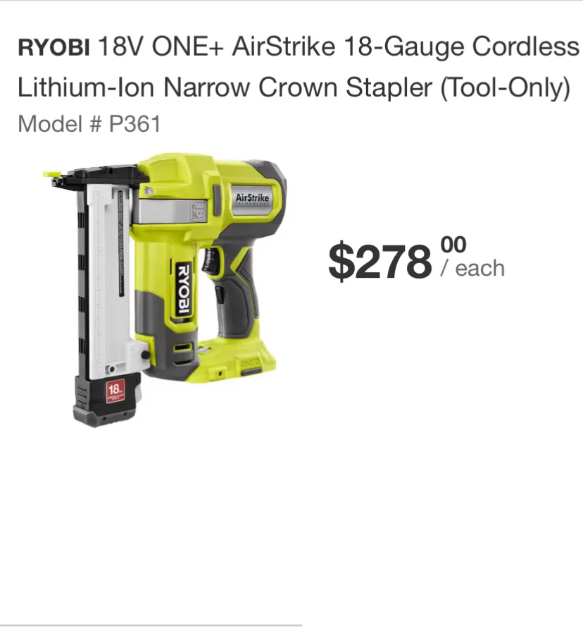 Ryobi ONE+ 18V AirStrike 18-Gauge Cordless Narrow Crown Stapler
