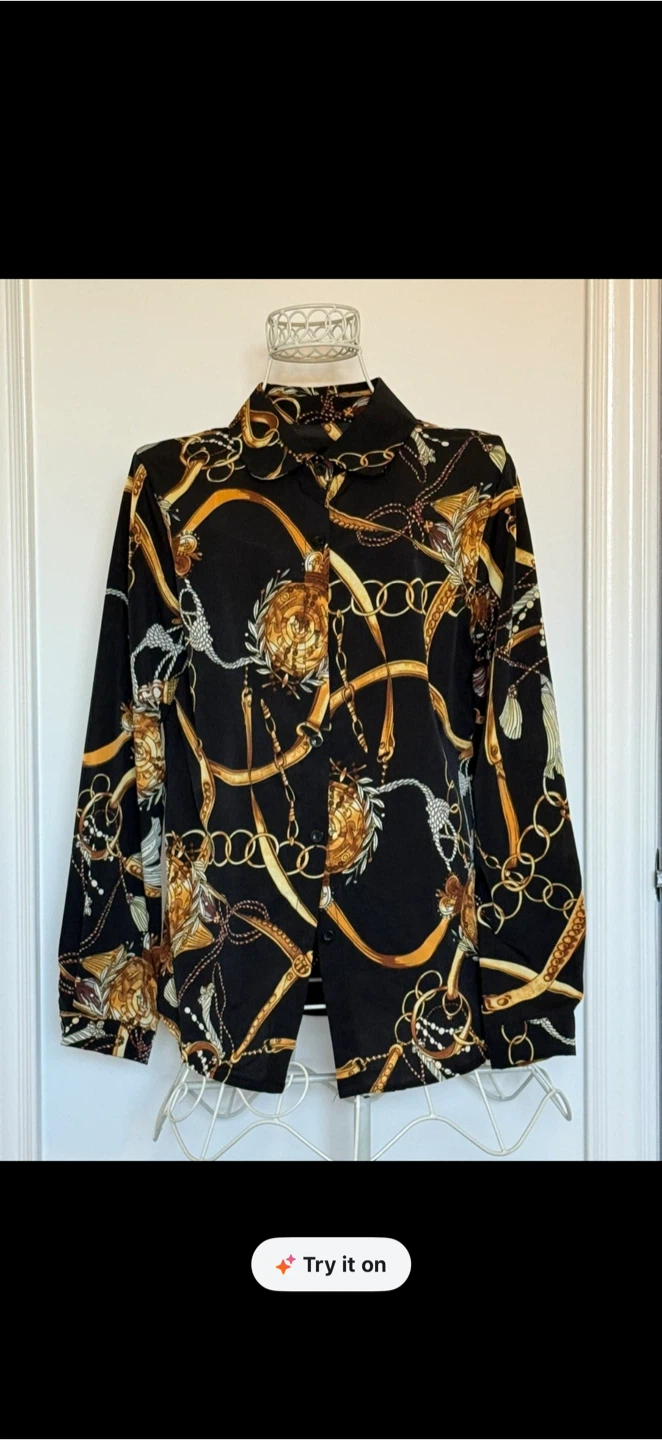 Gorgeous Black Long-Sleeve Shirt with Gold Chain Print
