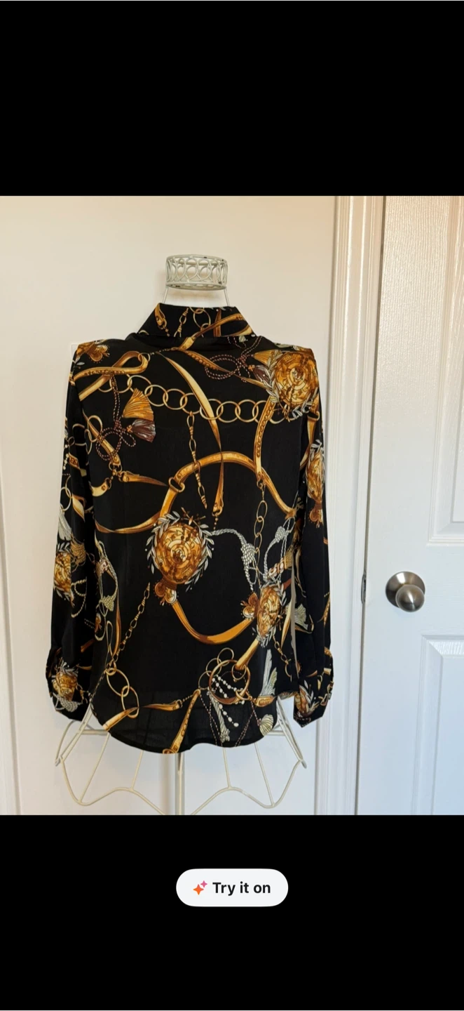 Gorgeous Black Long-Sleeve Shirt with Gold Chain Print - photo 3