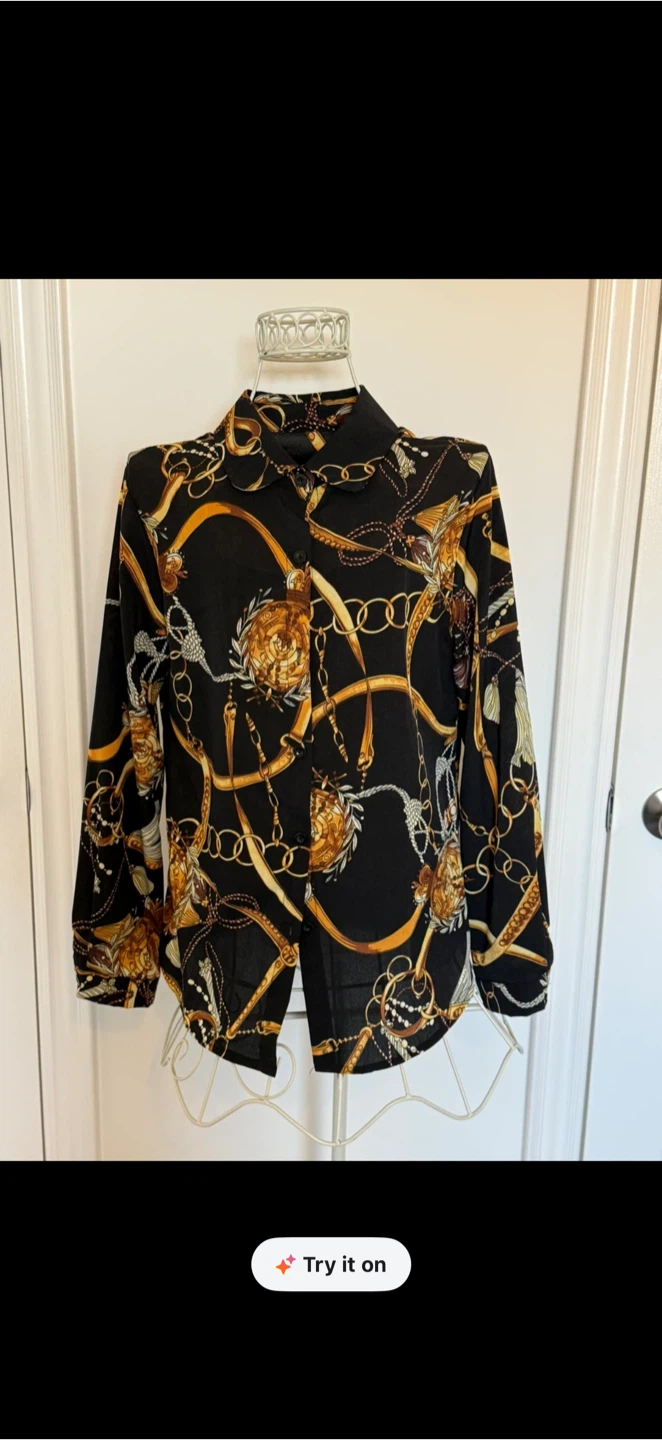 Gorgeous Black Long-Sleeve Shirt with Gold Chain Print - photo 4