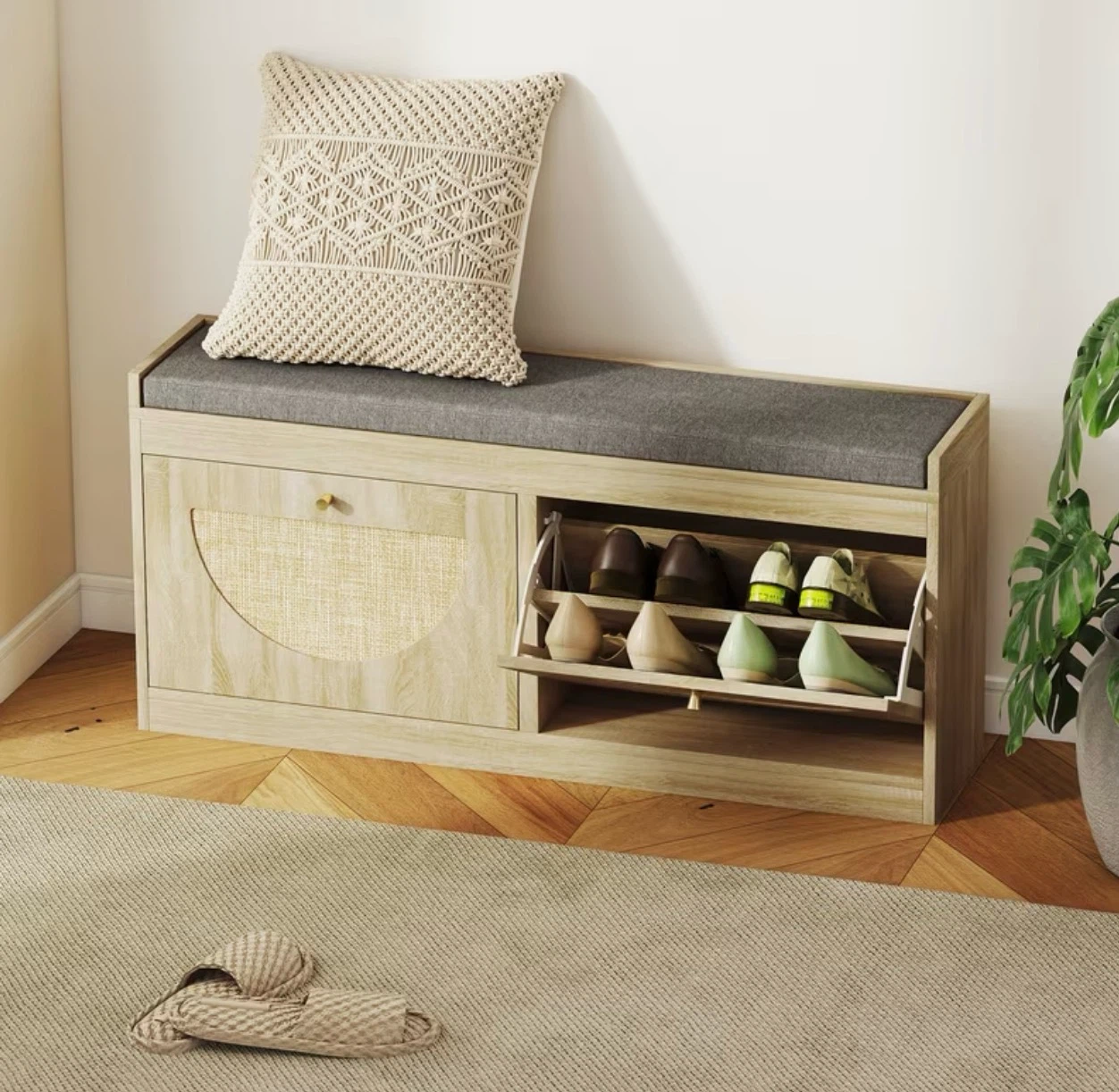 Entryway Shoe Cabinet Bench with Rattan Door and Cushioned Seat