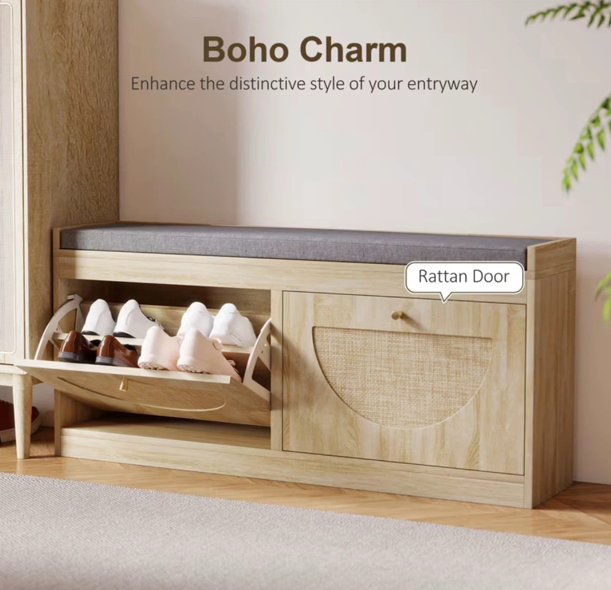Entryway Shoe Cabinet Bench with Rattan Door and Cushioned Seat - photo 2