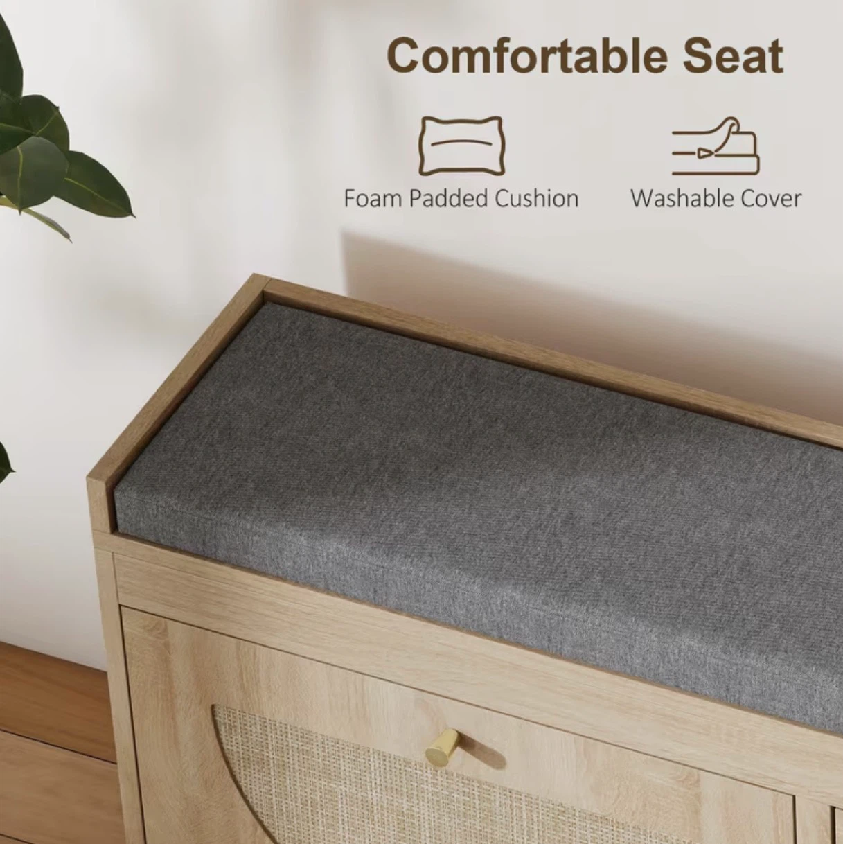 Entryway Shoe Cabinet Bench with Rattan Door and Cushioned Seat - photo 3
