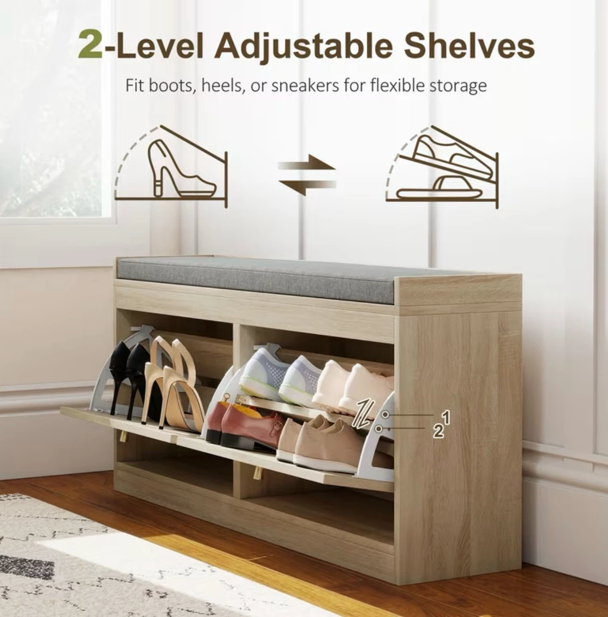 Entryway Shoe Cabinet Bench with Rattan Door and Cushioned Seat - photo 4