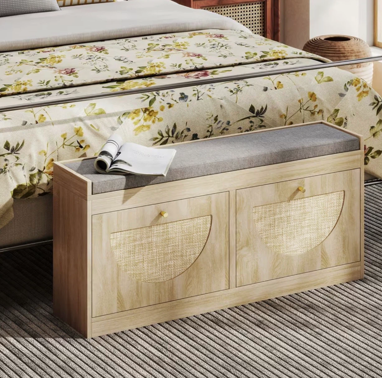 Entryway Shoe Cabinet Bench with Rattan Door and Cushioned Seat - photo 5