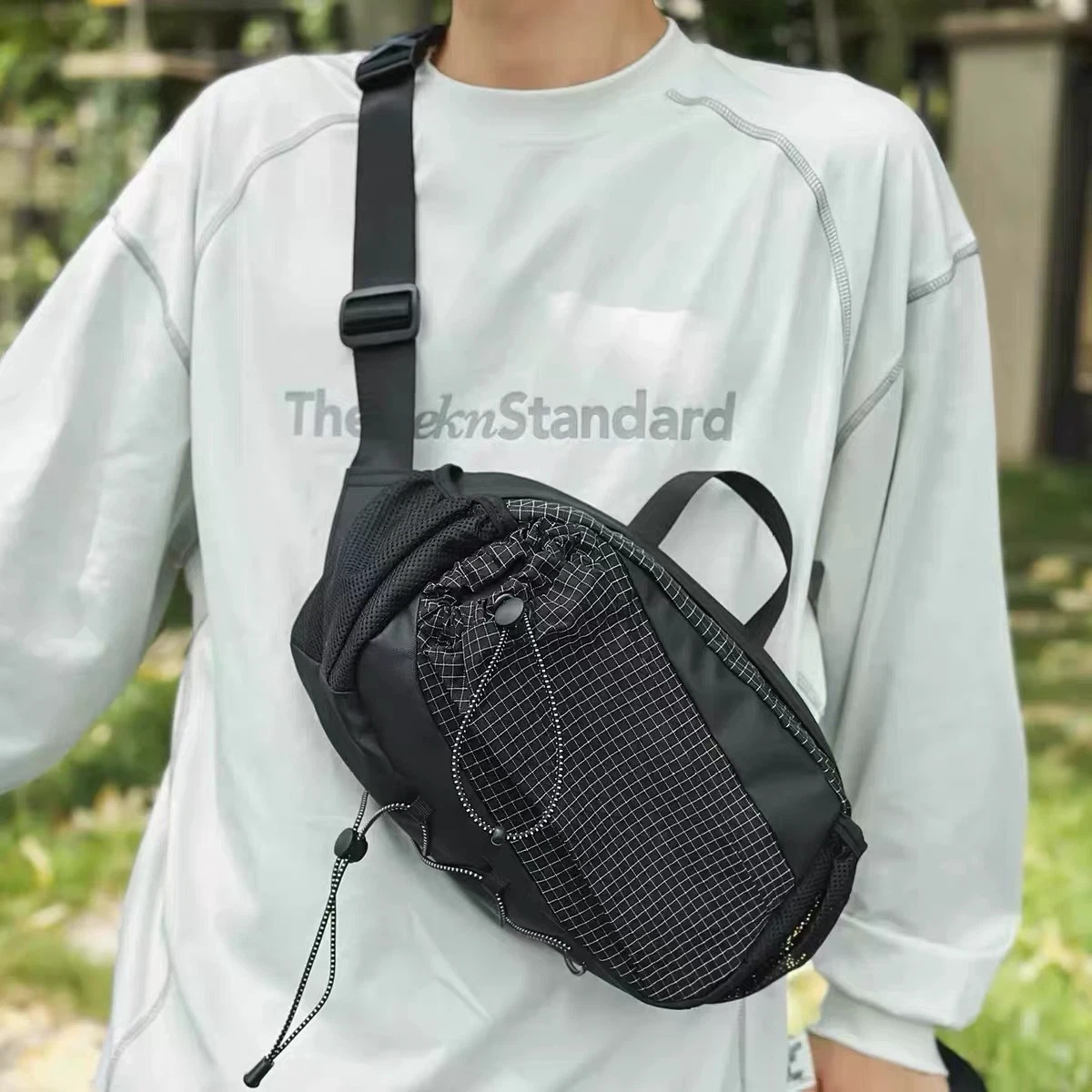 Black Crossbody Sling Bag with Grid Detail - photo 3