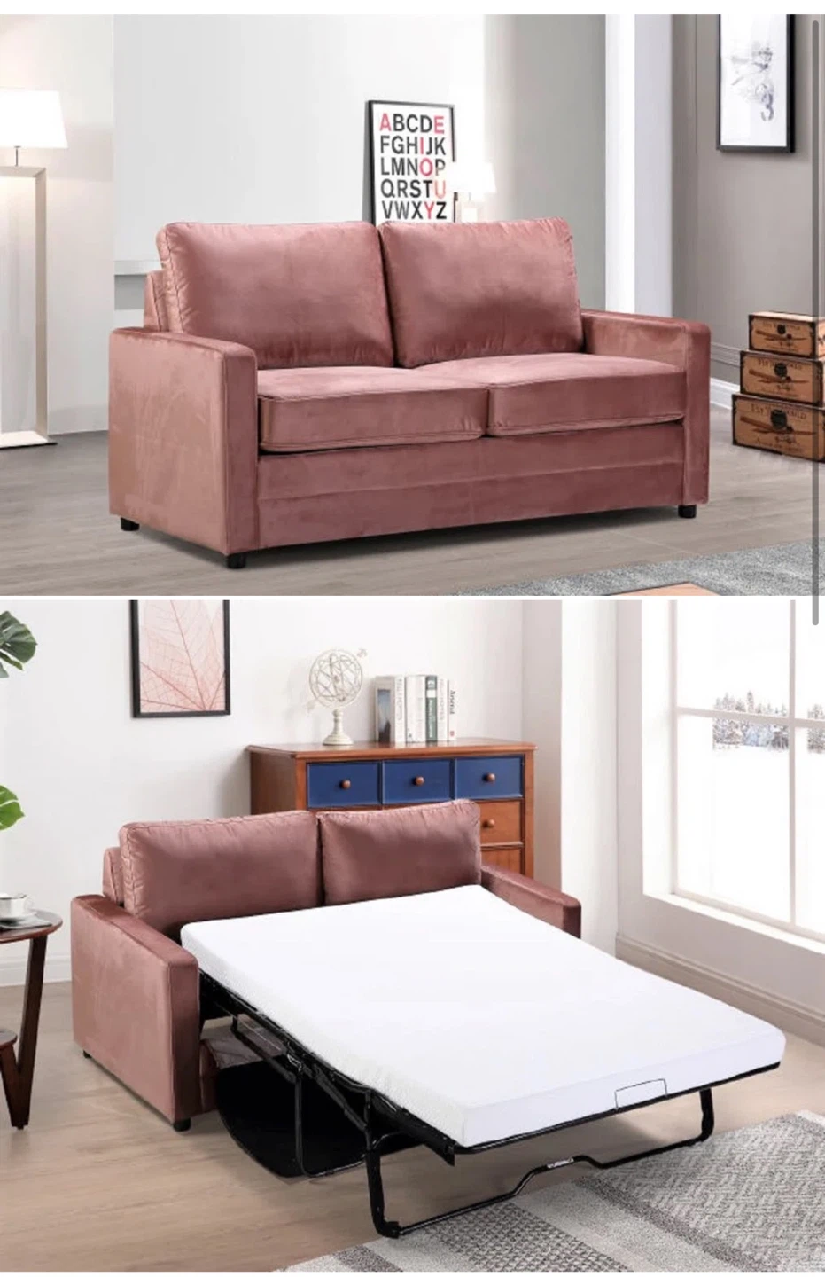 Pink Dusty Rose Velvet Sofa Pull-out Bed