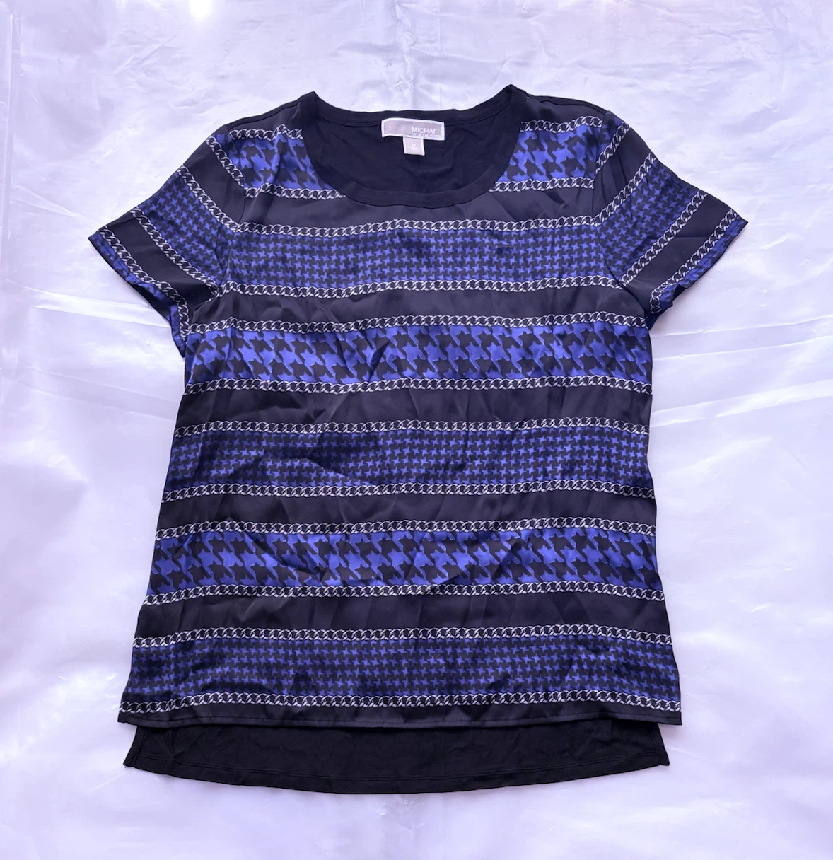 Michael Kors Black Blue Houndstooth Chain Print Top Size M