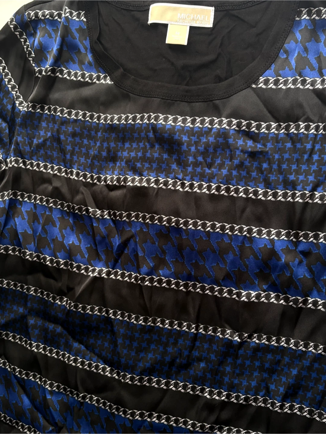 Michael Kors Black Blue Houndstooth Chain Print Top Size M - photo 2