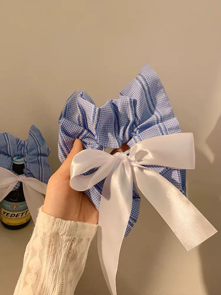 Blue Gingham Scrunchie with White Ribbon Bow