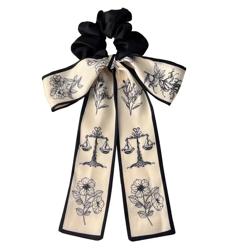 Elegant Black and Cream Silk Scrunchie with Floral Scarf