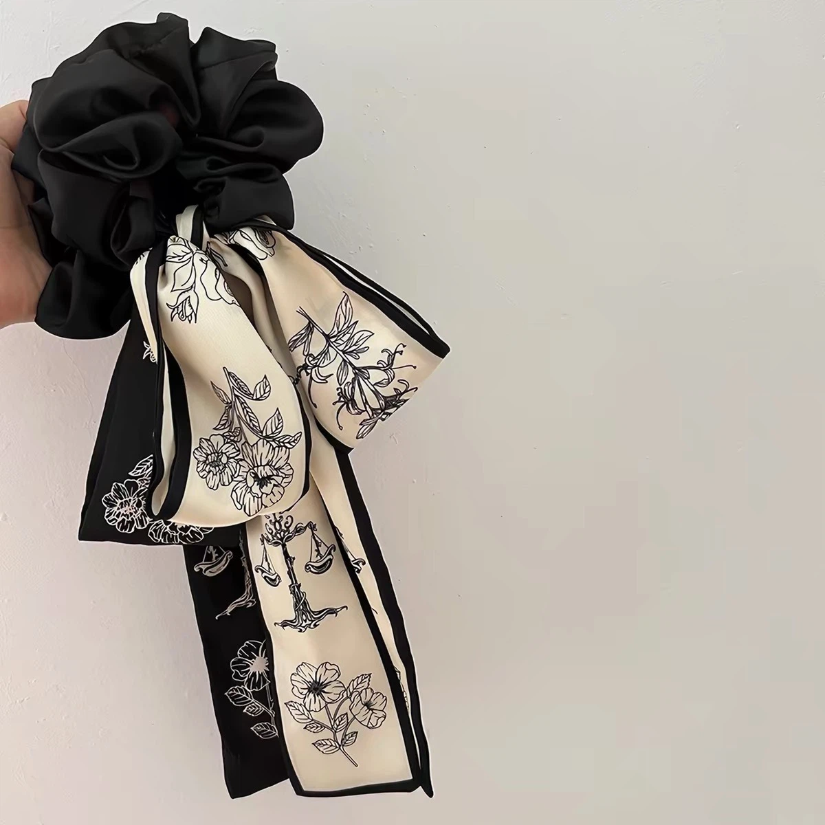 Elegant Black and Cream Silk Scrunchie with Floral Scarf - photo 2