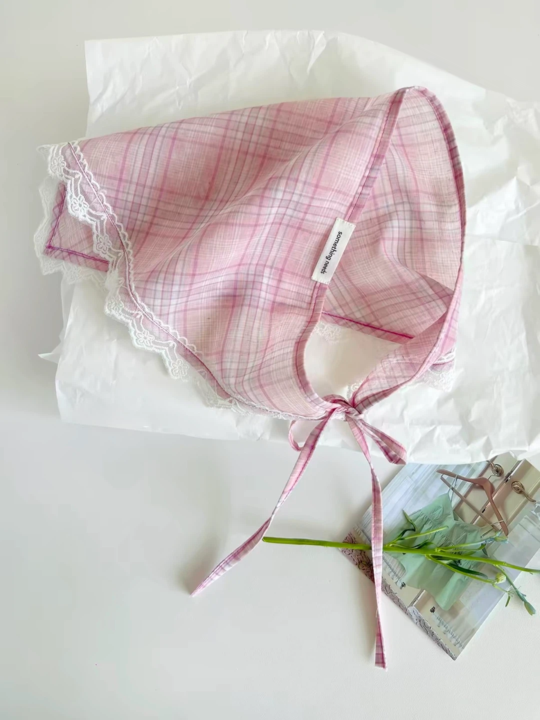 Plaid Baby Pink Bandana with Lace Trim