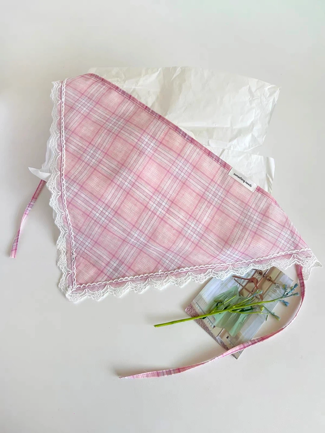 Plaid Baby Pink Bandana with Lace Trim - photo 2