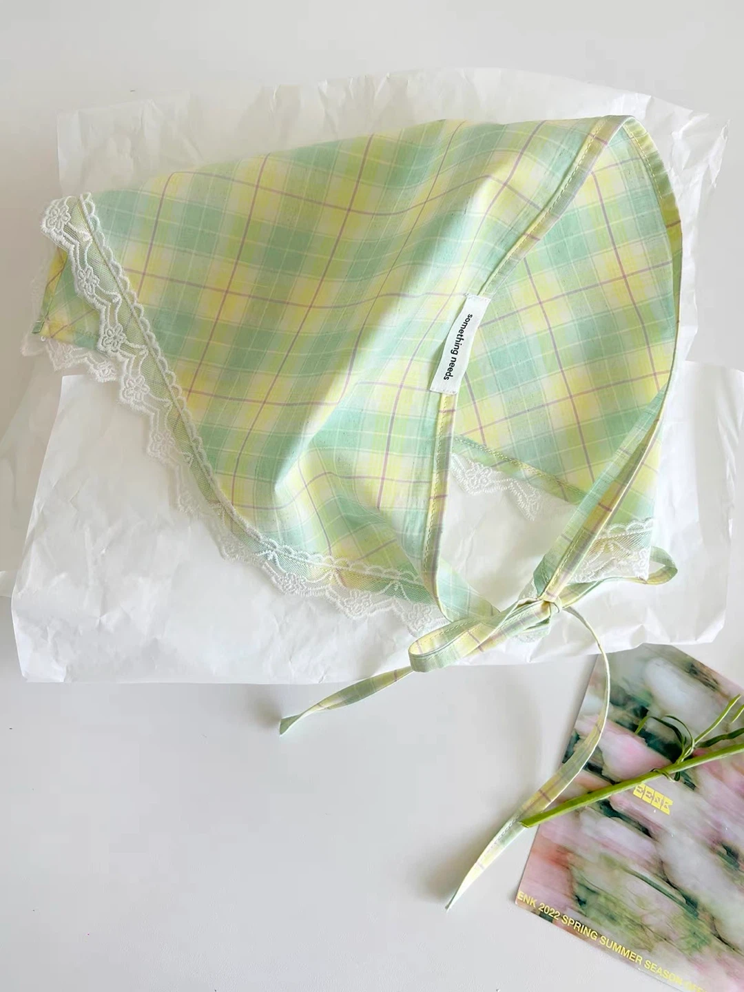 Plaid Green Bandana with Lace Trim