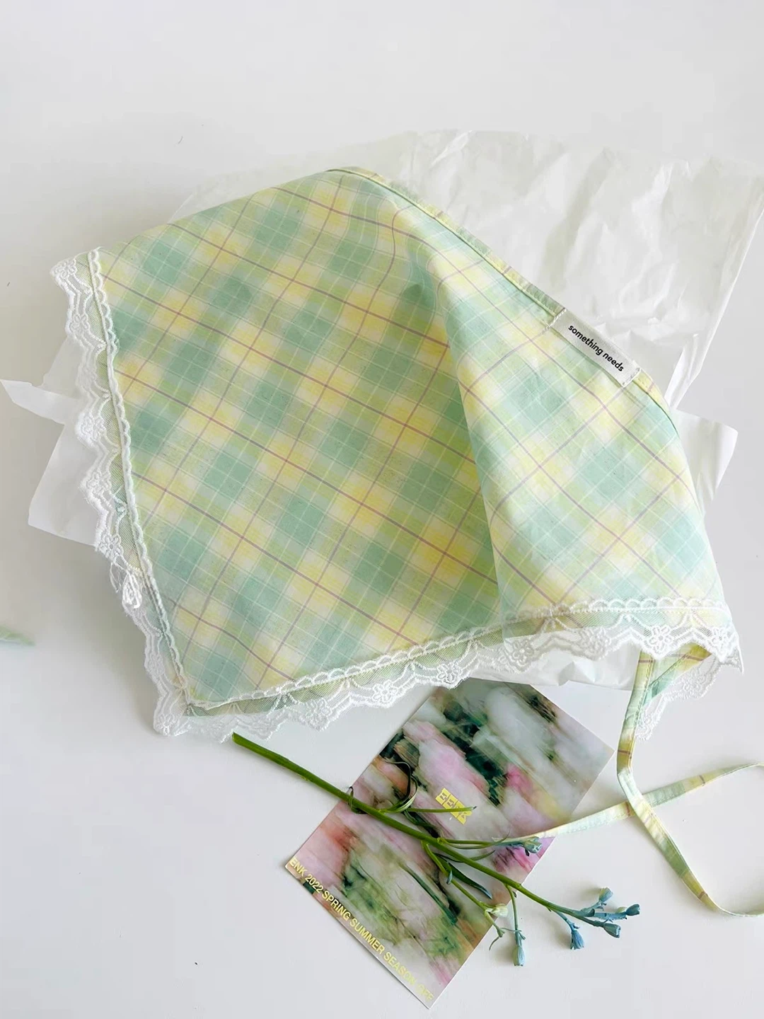 Plaid Green Bandana with Lace Trim - photo 2