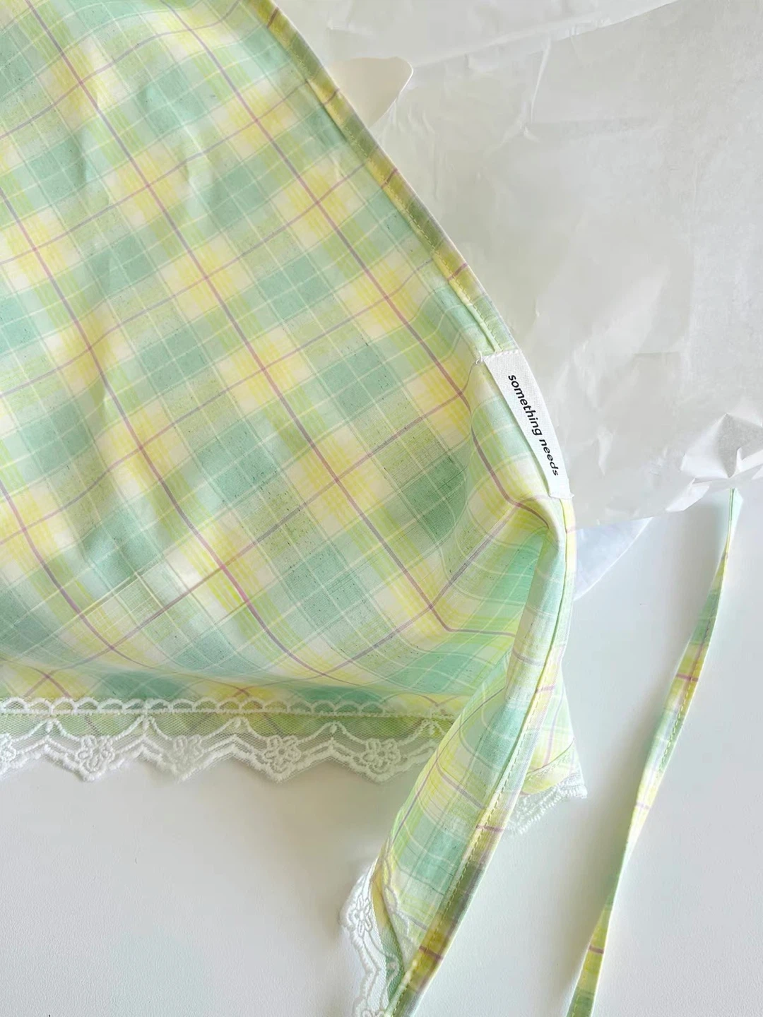 Plaid Green Bandana with Lace Trim - photo 3