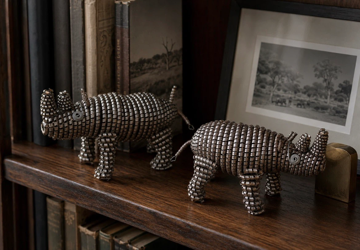 Handmade Recycled Metal Wire Rhino Sculpture Pair African Safari