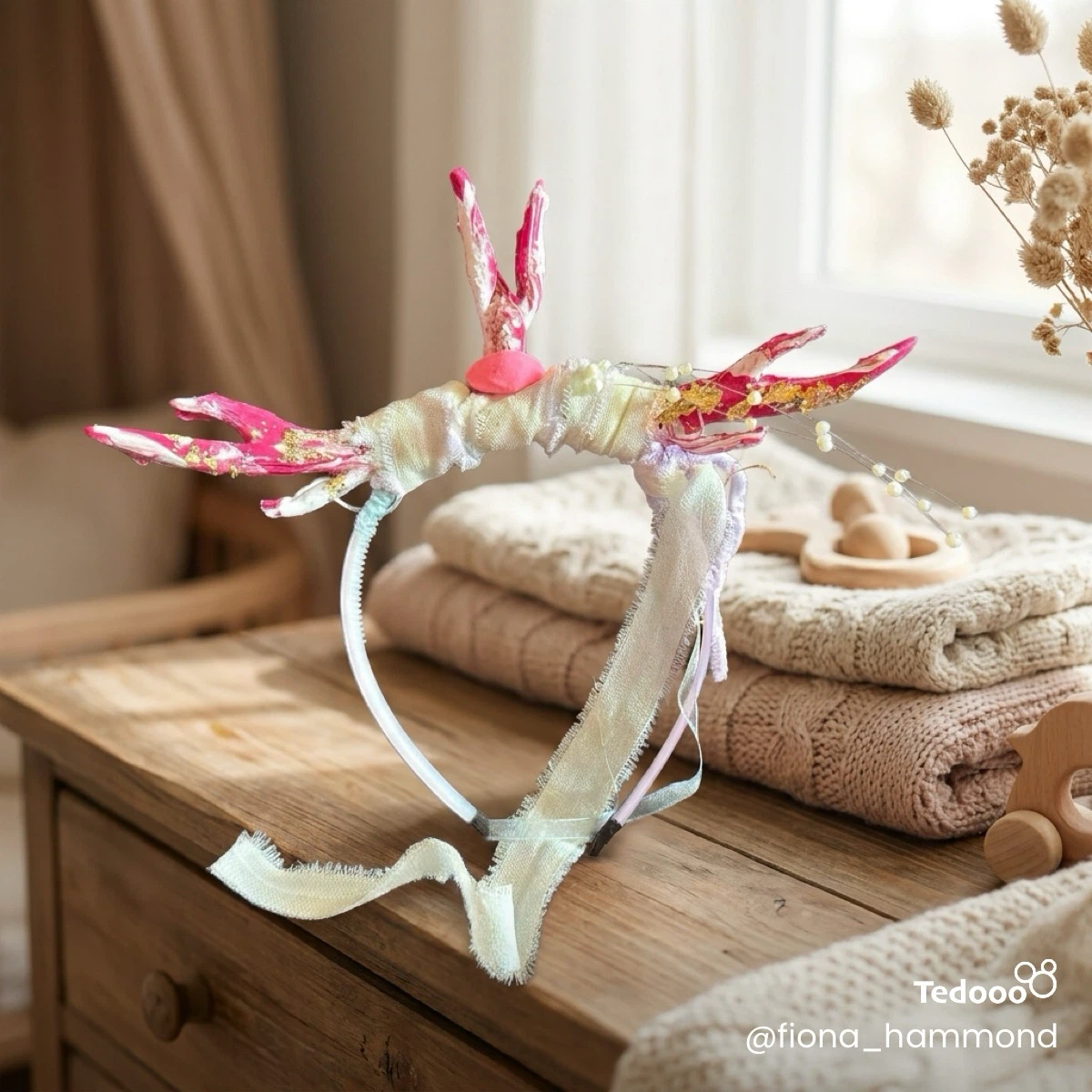 Handmade Pink and White Horned Headband