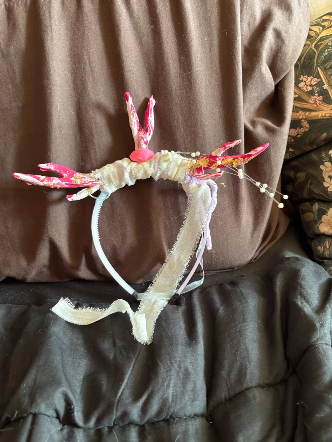 Handmade Pink and White Horned Headband - photo 2