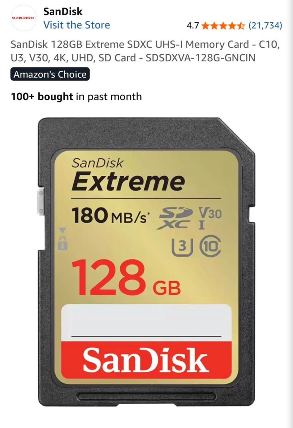SanDisk Extreme 128GB SDXC Memory Card