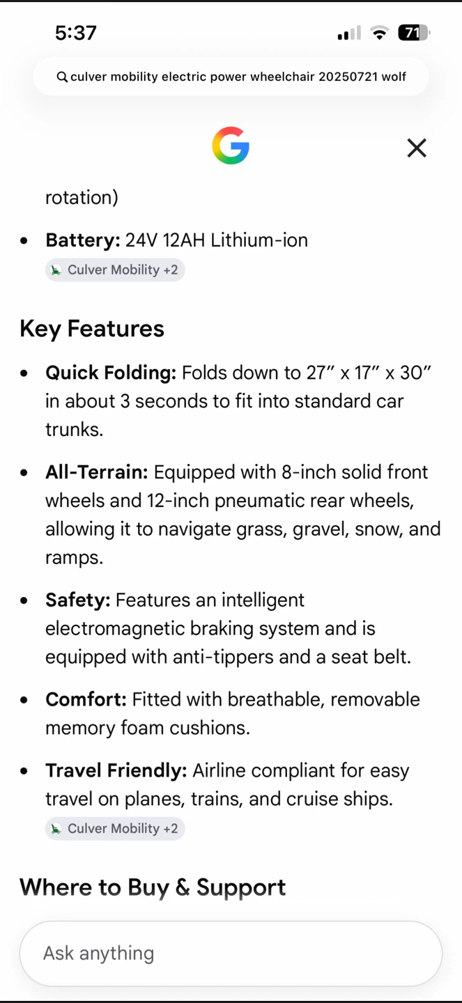 Culver Mobility Electric Power Wheelchair - photo 2