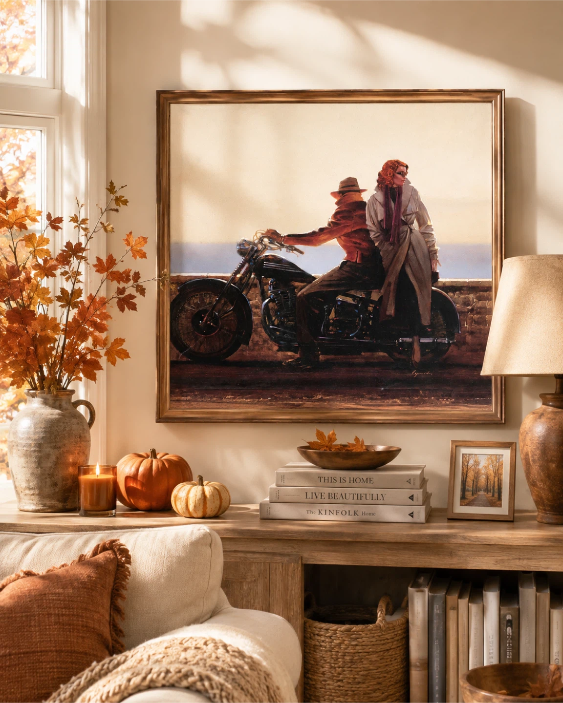 Framed Wall Art Painting of Couple on Motorcycle