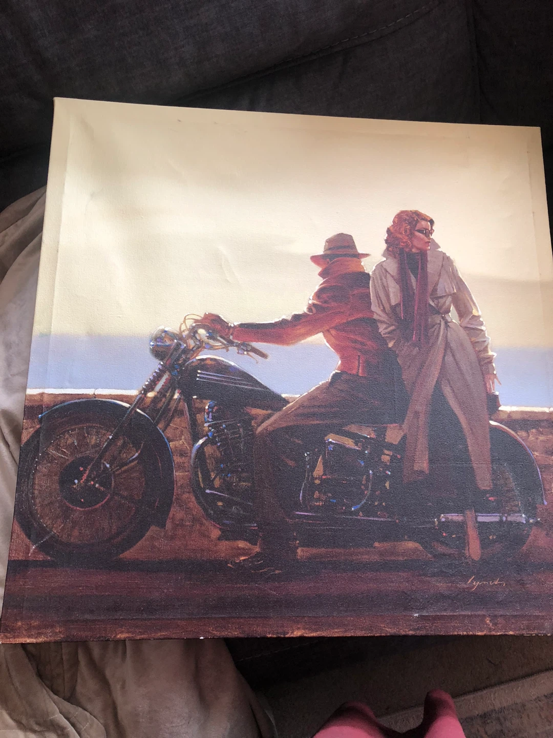 Framed Wall Art Painting of Couple on Motorcycle - photo 2