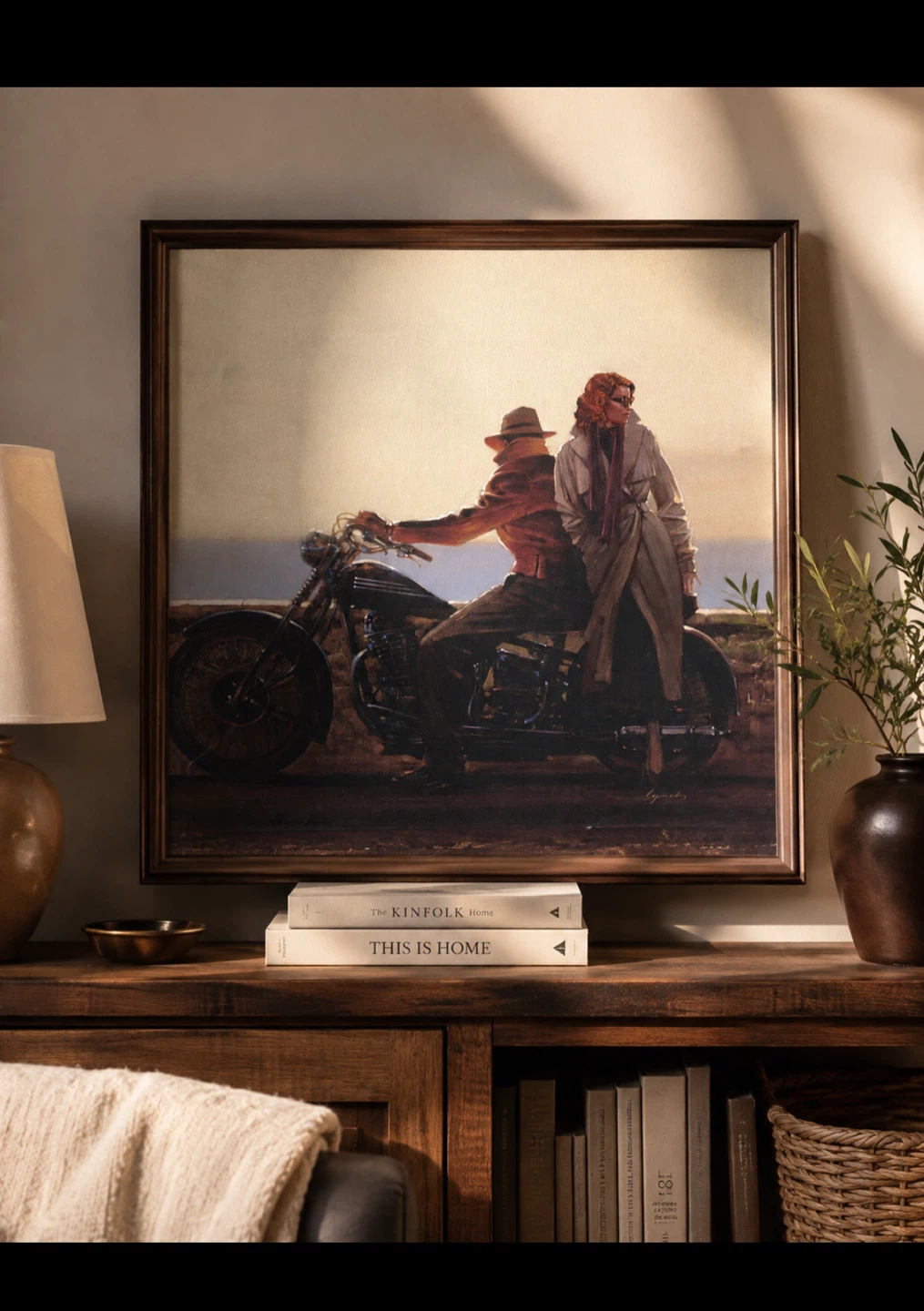 Framed Wall Art Painting of Couple on Motorcycle - photo 3
