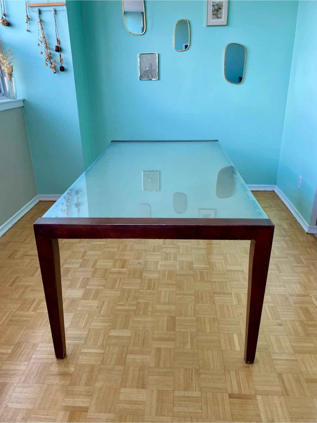Large Glass and Wood Dining Table