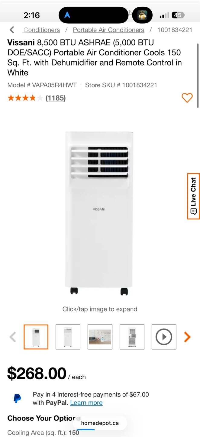 Vissani Portable Air Conditioner 8,500 BTU White