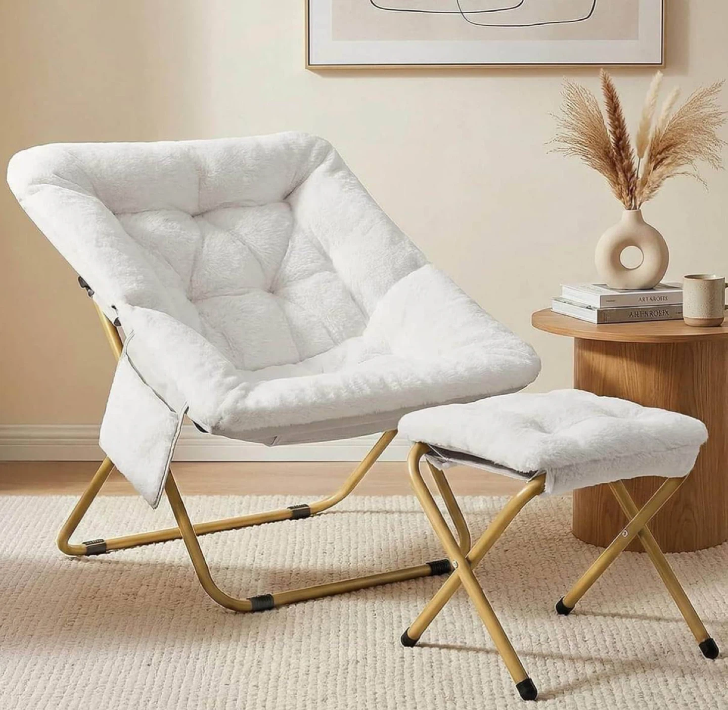 Fluffy White Accent Chair and Ottoman Set