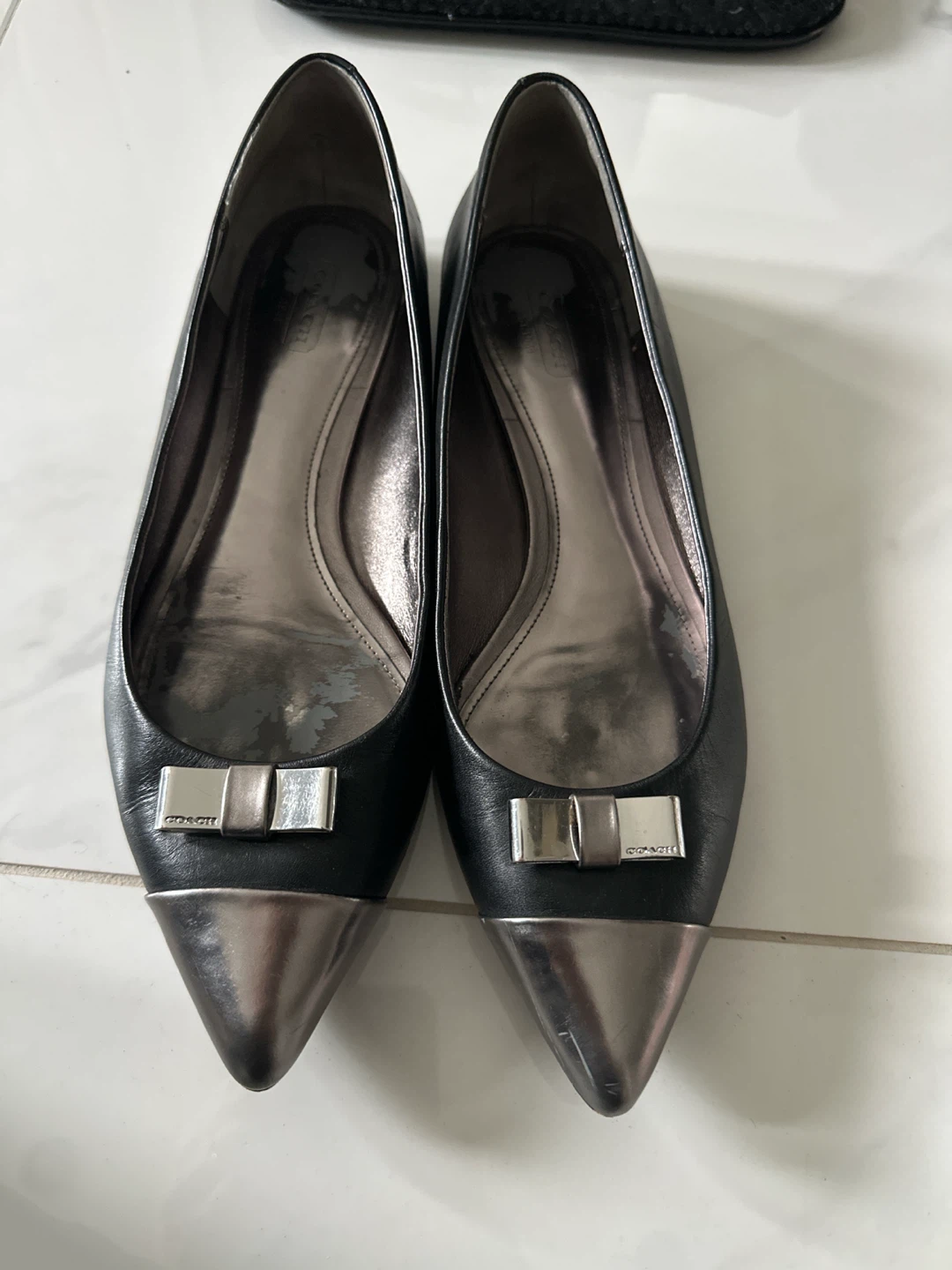 COACH Black Leather Pointed Toe Flats with Bow Detail