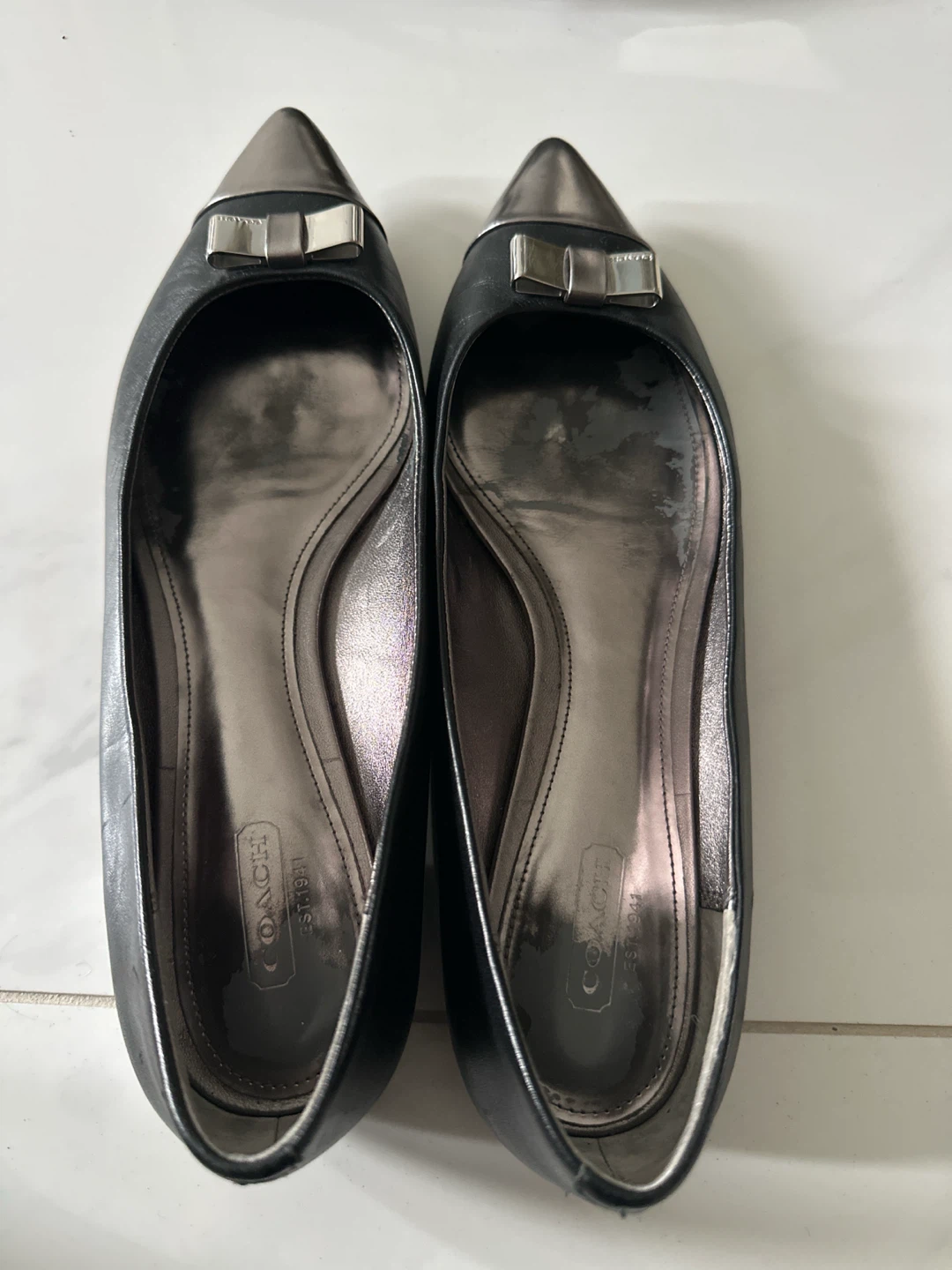 COACH Black Leather Pointed Toe Flats with Bow Detail - photo 2