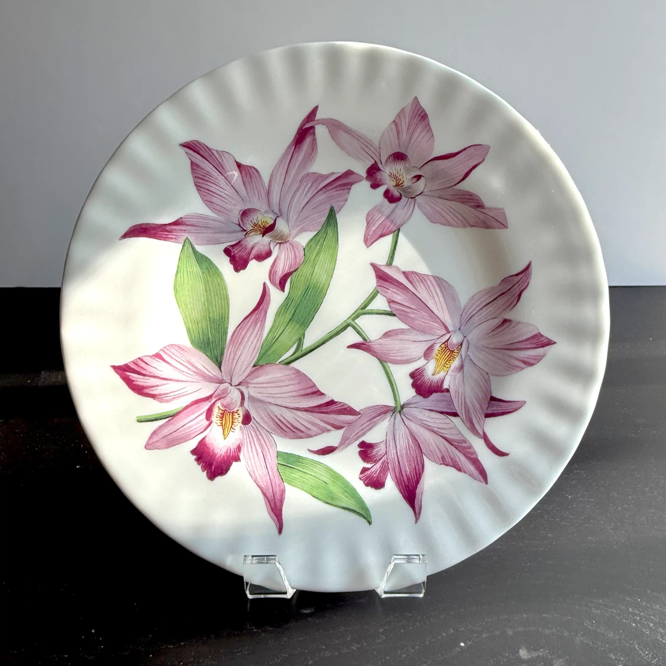 Pair New/unused Roy Kirkham pink orchids 8” plates