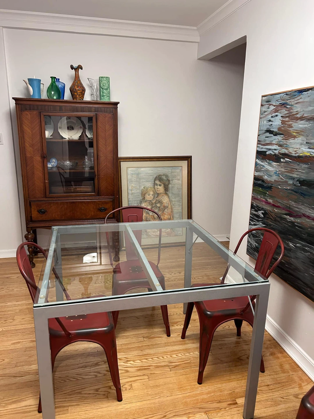 Modern 40" Glass Top Dining Table & 4 Red Metal Chairs
