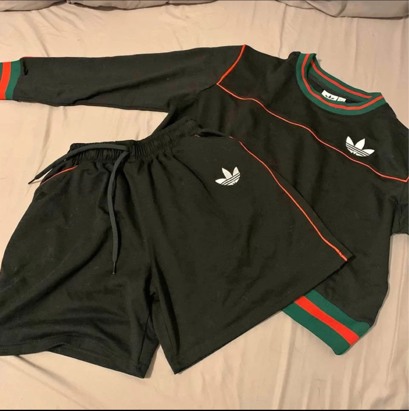 Adidas Black Tracksuit Set with Green and Red Trim