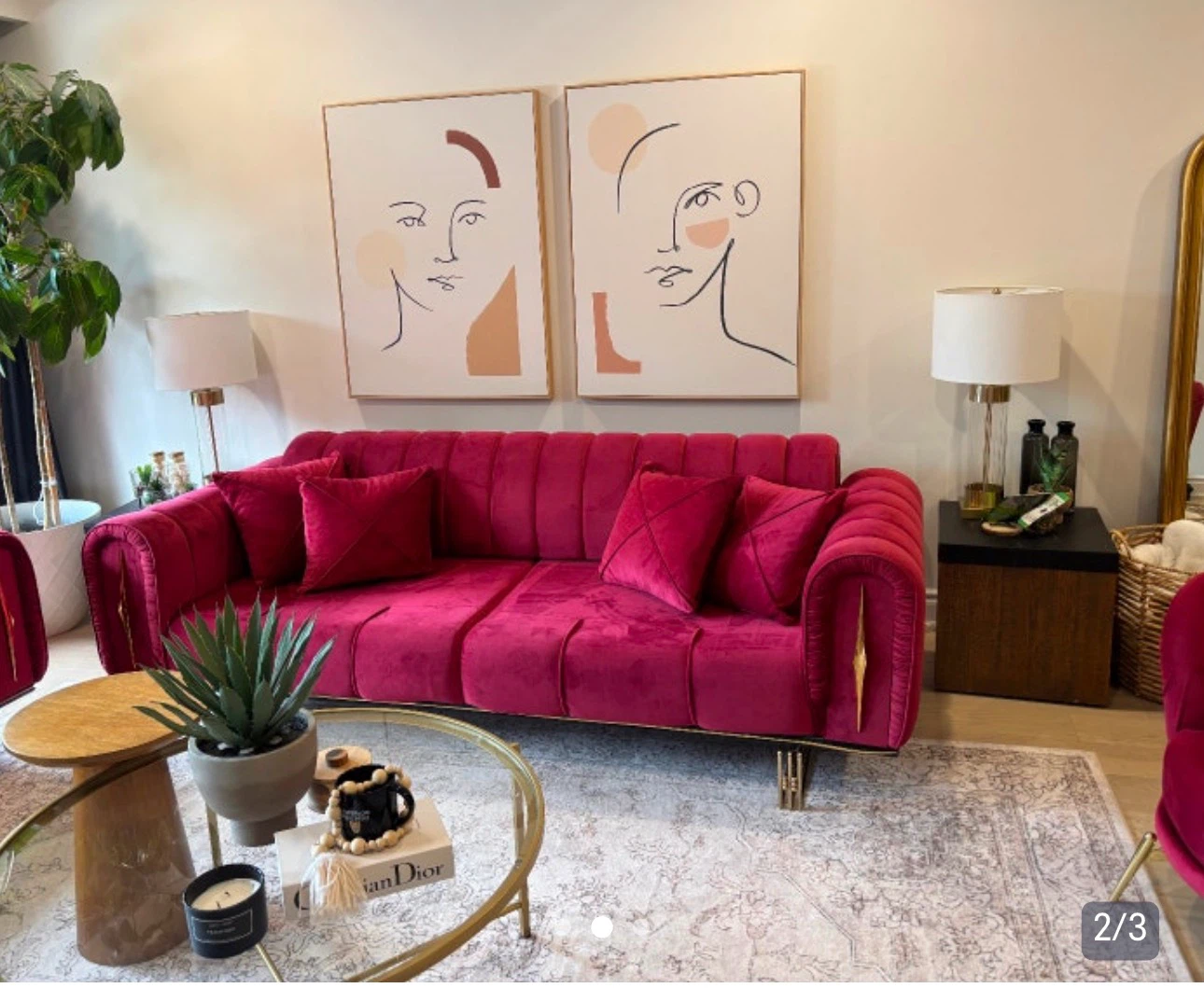 Pink Velvet Sofa with Gold Accents