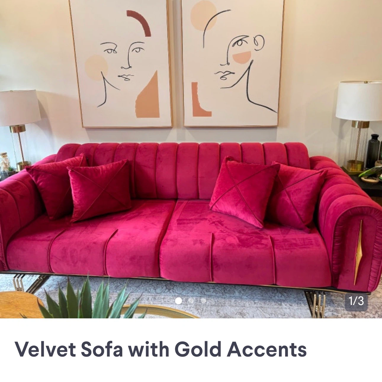 Pink Velvet Sofa with Gold Accents - photo 2