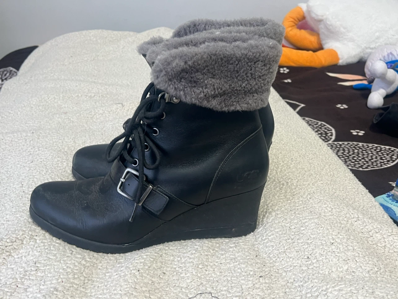 UGG Black Leather Wedge Boots