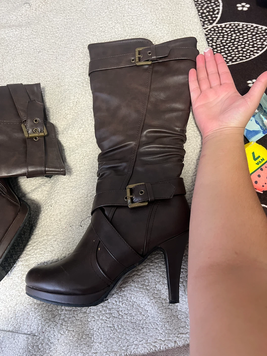 Brown Faux Leather Knee-High Boots with Buckle Detail