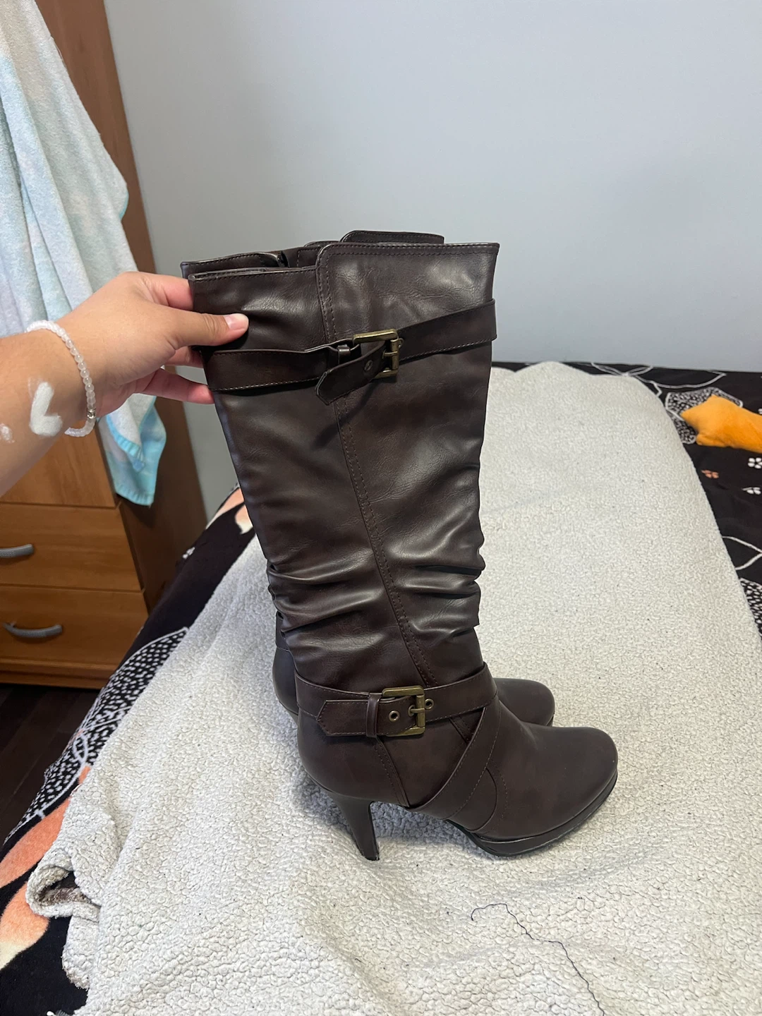 Brown Faux Leather Knee-High Boots with Buckle Detail - photo 2