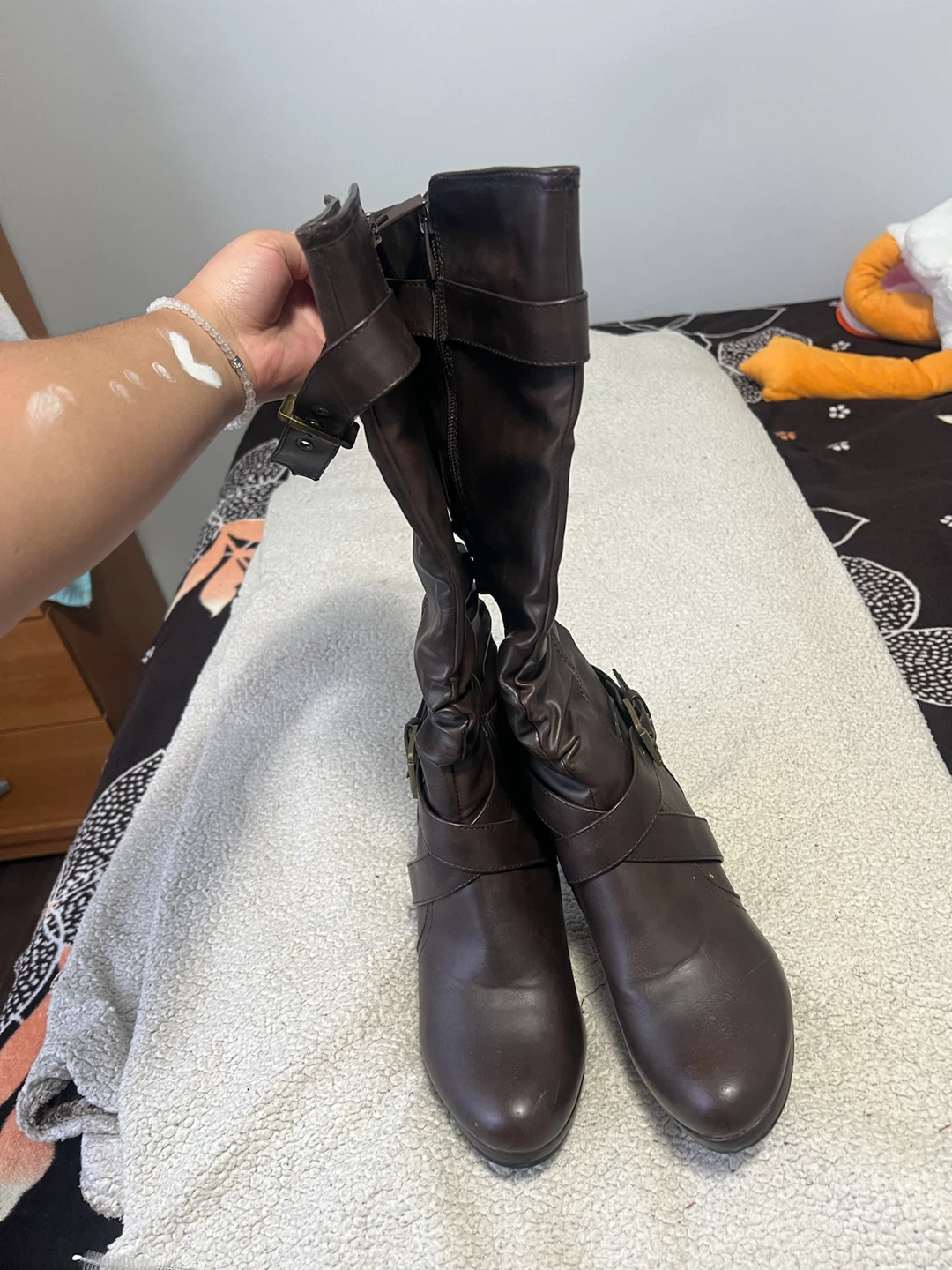 Brown Faux Leather Knee-High Boots with Buckle Detail - photo 3
