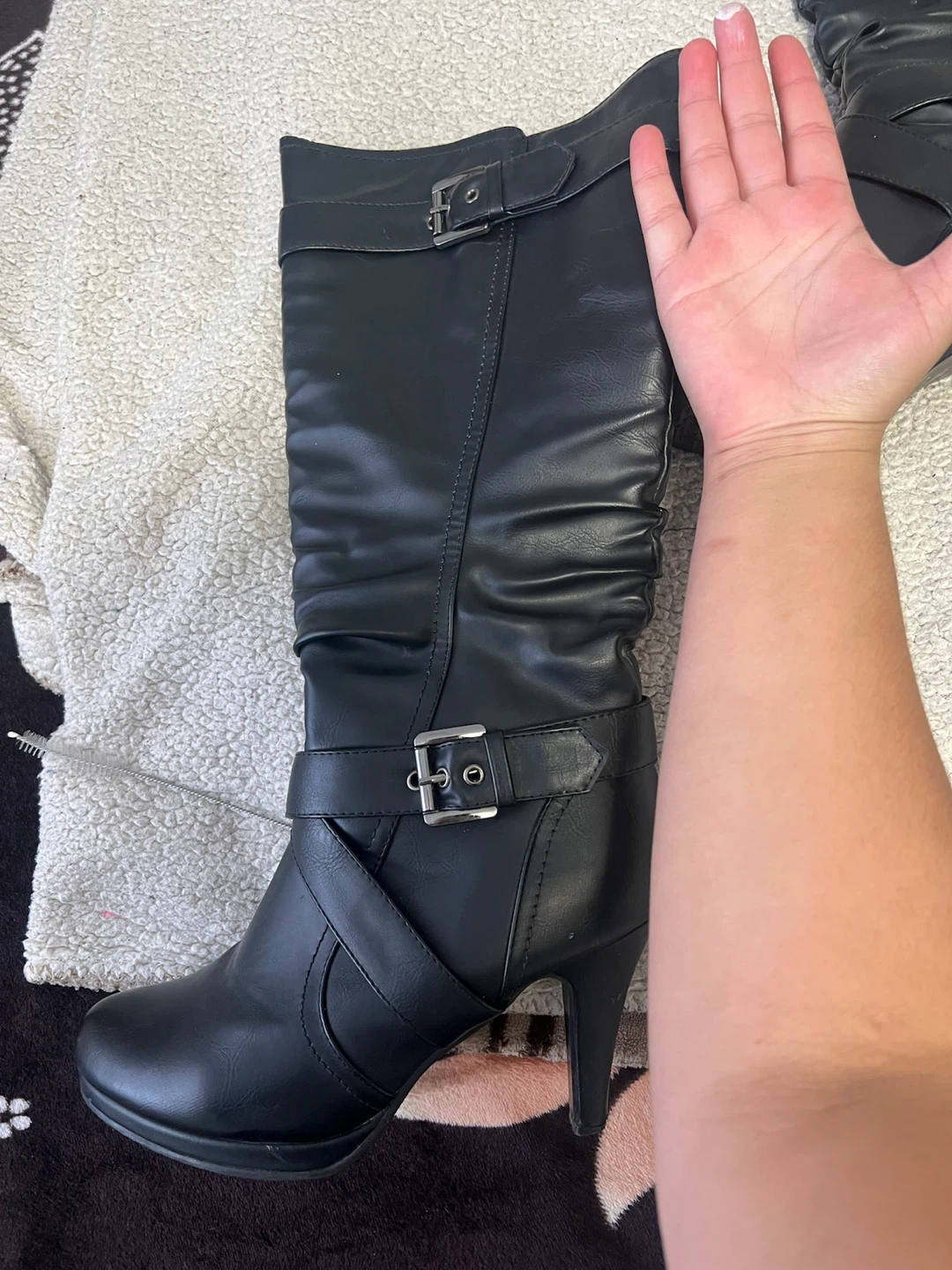 Black Faux Leather Tall Boots with Buckle Detail