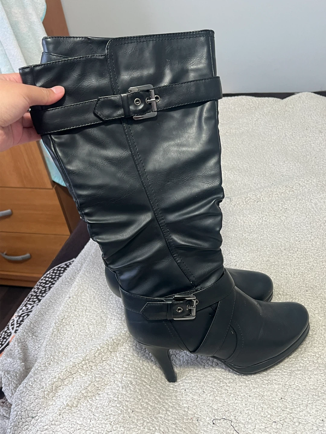 Black Faux Leather Tall Boots with Buckle Detail - photo 2