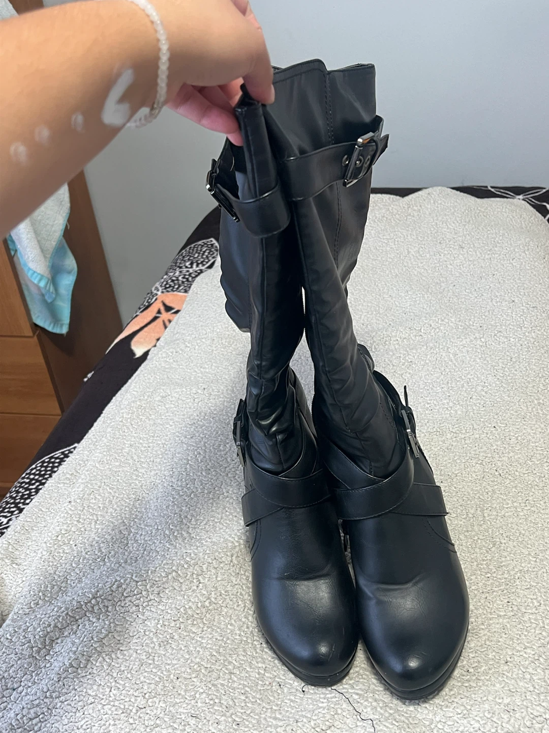 Black Faux Leather Tall Boots with Buckle Detail - photo 3