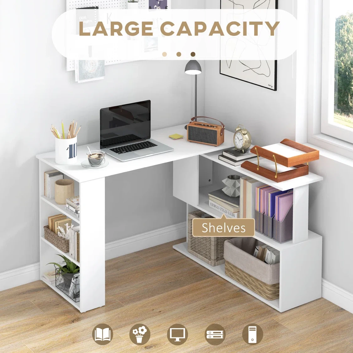 White L-Shaped Rotating Computer Desk with Shelves